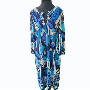 CHICO'S Sheath Dress SIZE 1 SMALL (8)  Blue White Pop Print Jeweled Neckline